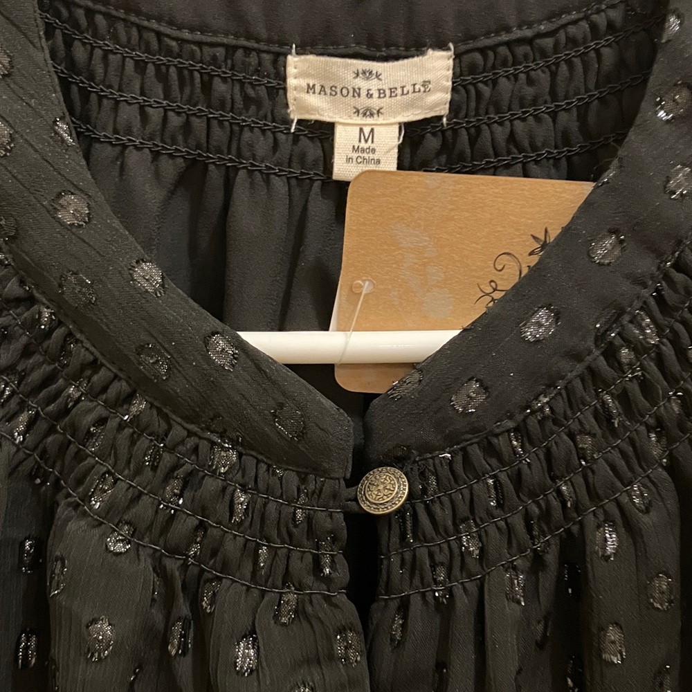 Mason & Belle Black Foil Shimmer Dot Button Blouse Women’s Lined Long Sleeve - Picture 8 of 11